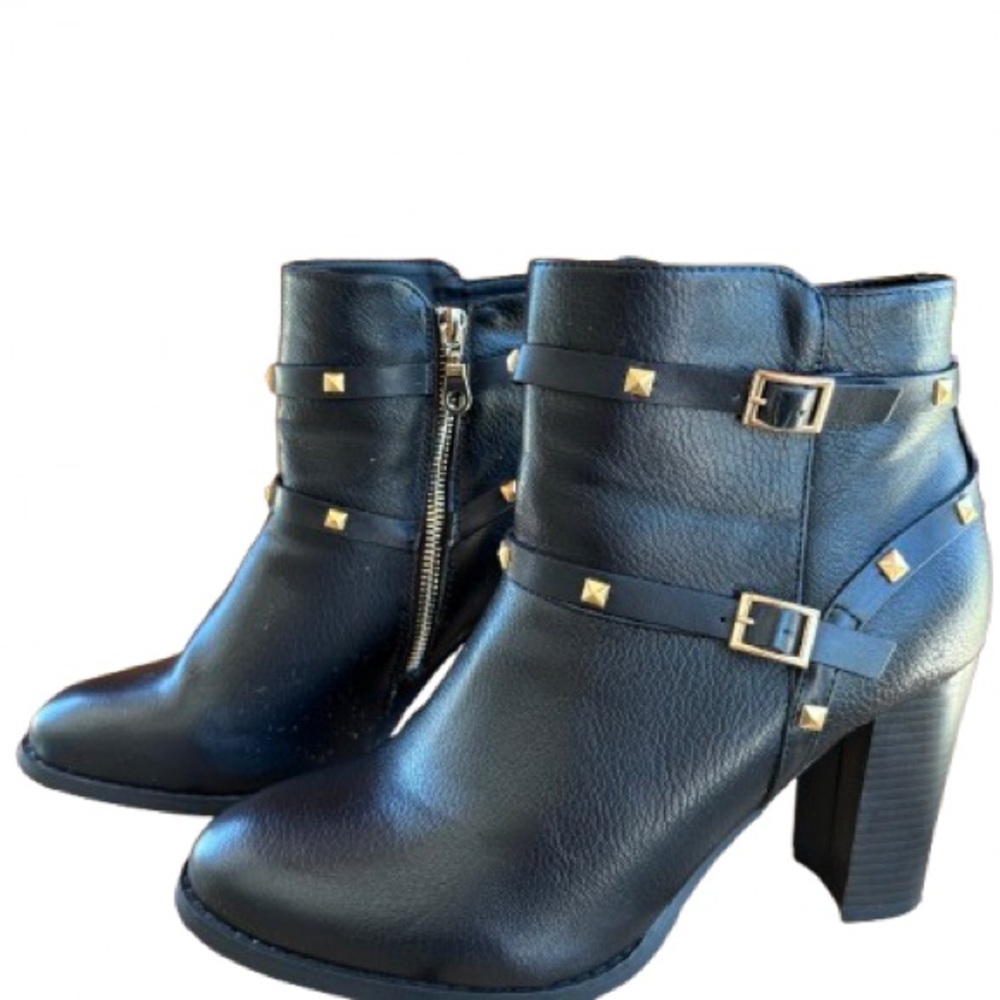 Black Studded Leather Ankle Boots with Buckle Detail